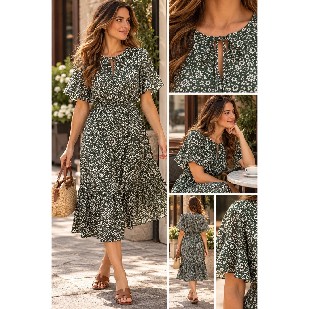 PrettyGarden Green Floral Ditsy Print Smocked Waist Ruffle Hem Midi Dress Large